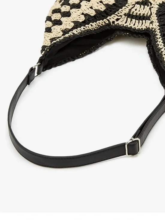 Straw Crochet Hobo Shoulder Bag Black Natural Woven Beach Tote Boho - Picture 3 of 6